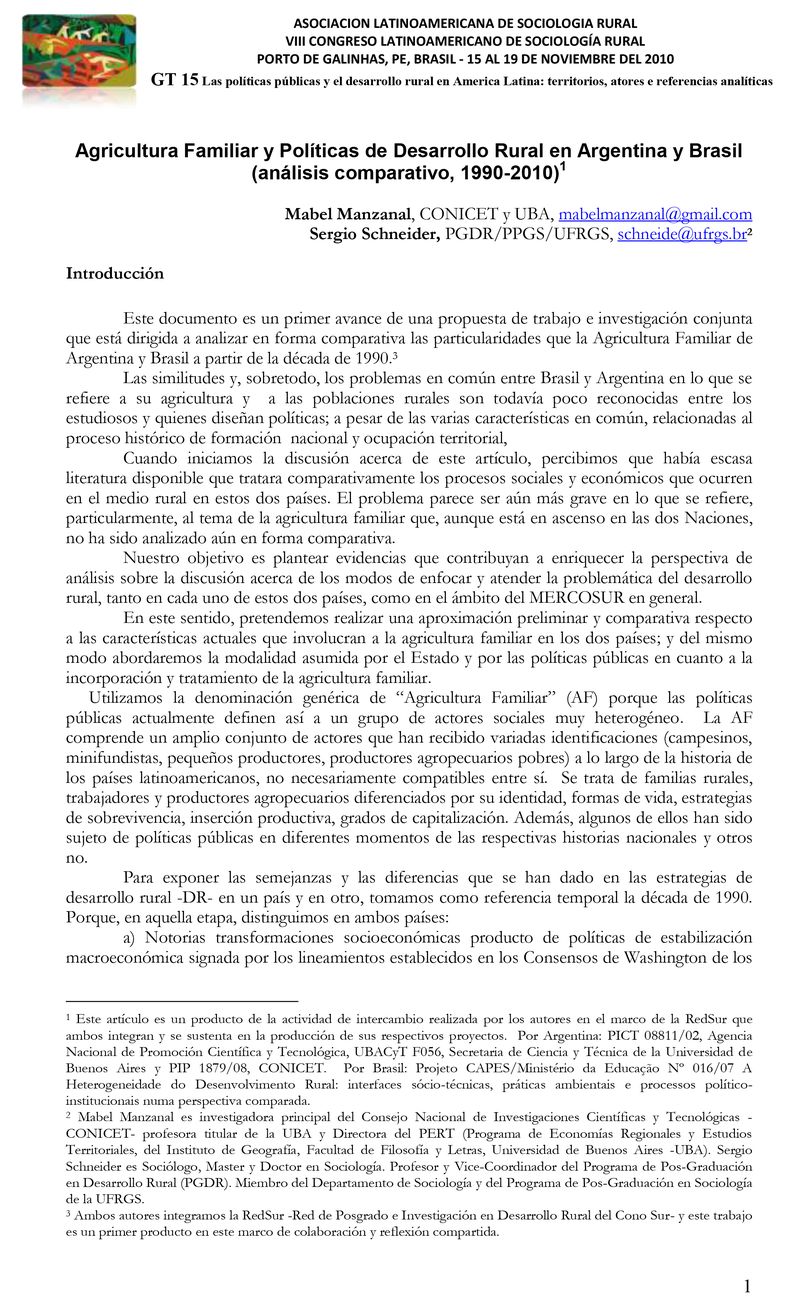 Agricultura Familiar y Políticas de Desarrollo Rural en Argentina y Brasil (análisis comparativo, 1990-2010)