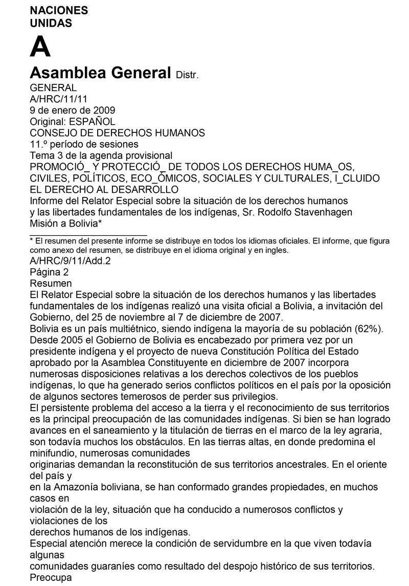 Informe del Relator Especial sobre los derechos humanos y libertades fundamentales de los indígenas