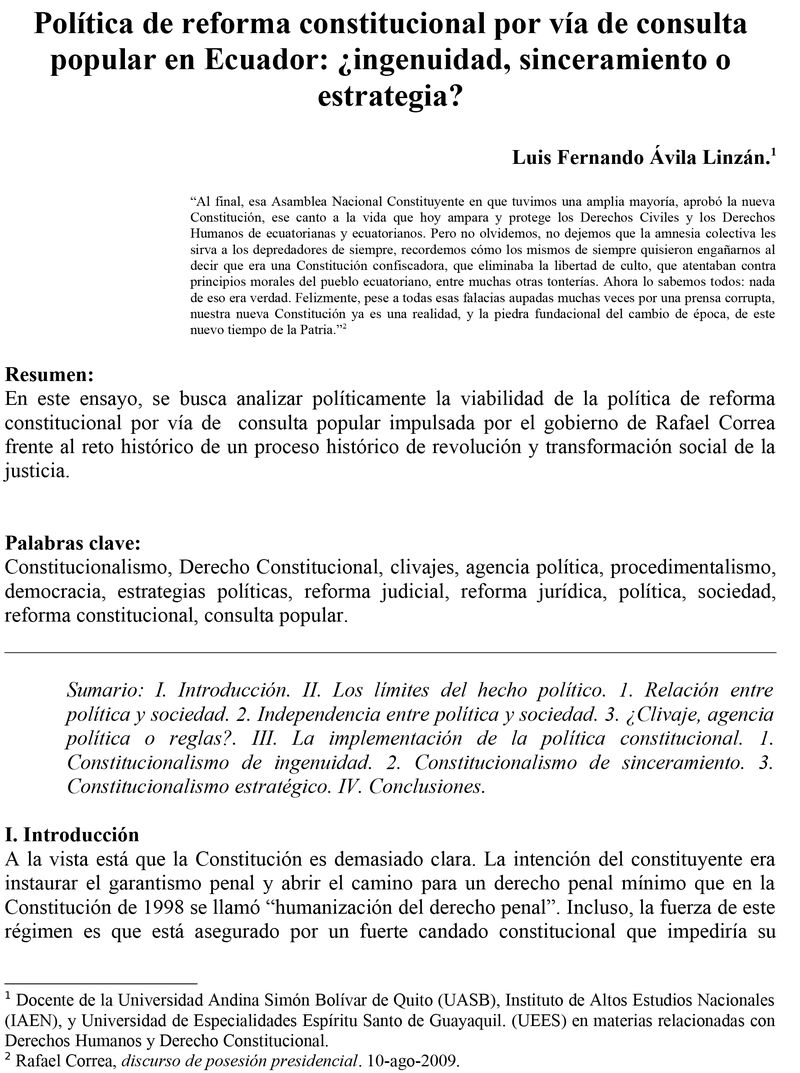 Política de reforma constitucional por vía de consulta popular en Ecuador: ¿ingenuidad, sinceramiento o estrategia?
