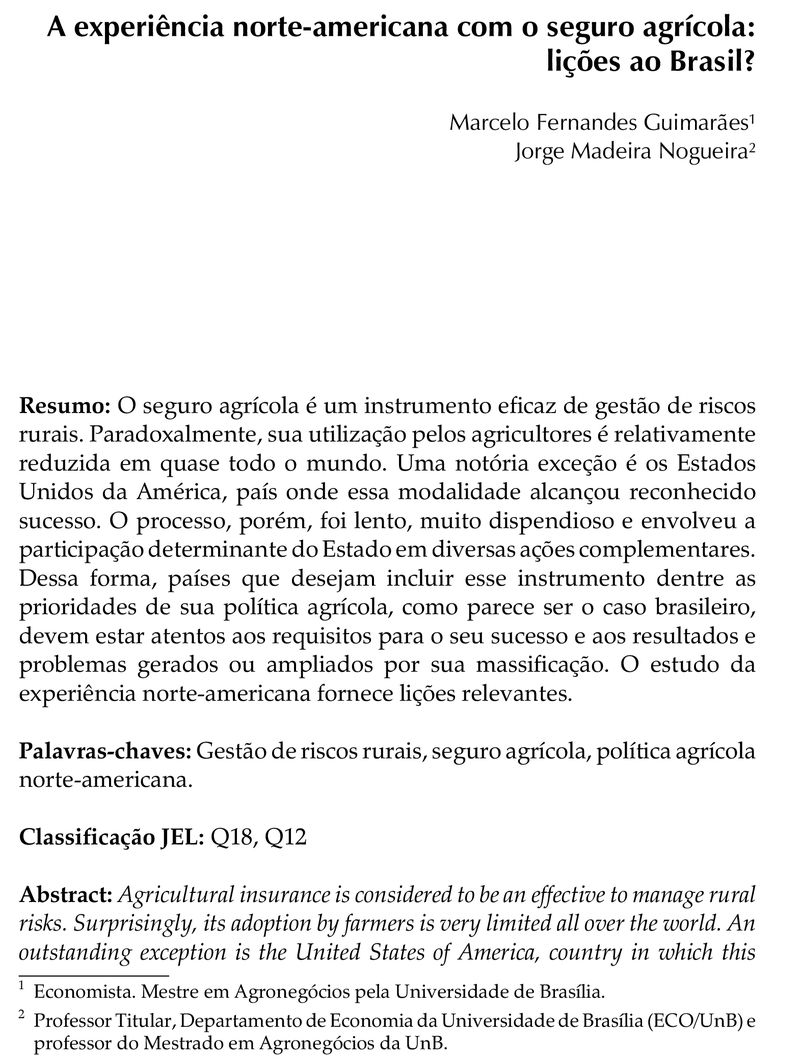 A experiência norte-americana com o seguro agrícola: lições ao Brasil?