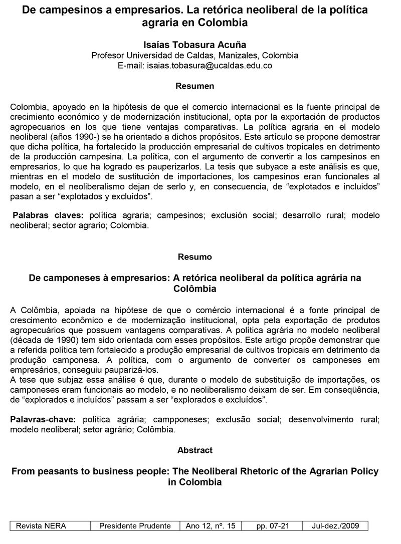 De campesinos a empresarios. La retórica neoliberal de la política agraria en Colombia