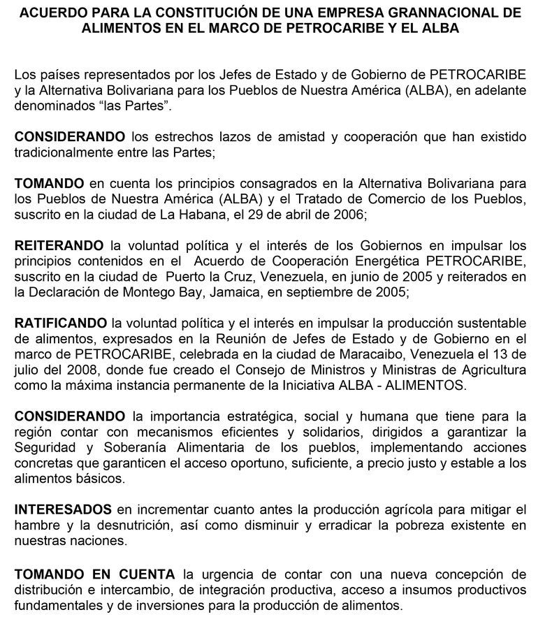 Acuerdo para la Constitución de una empresa Grannacional de alimentos en el marco de PETROCARIBE y el ALBA
