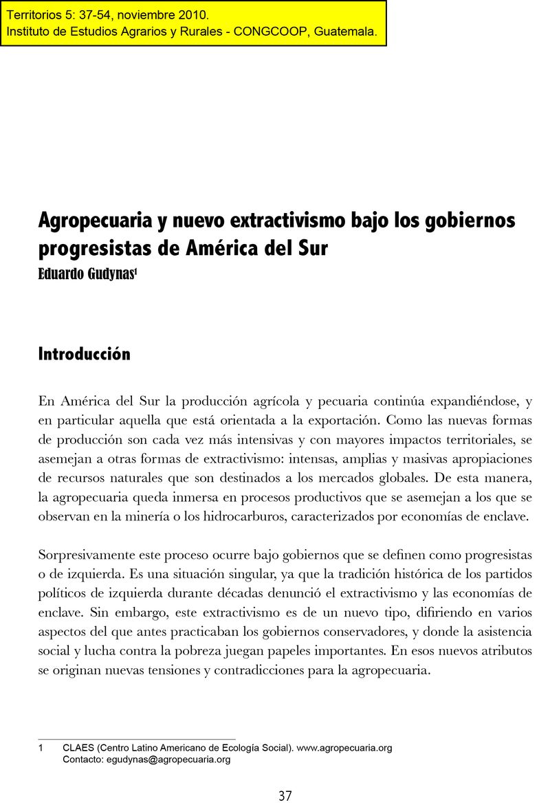 Agropecuaria y nuevo extractivismo bajo los gobiernos de America del Sur