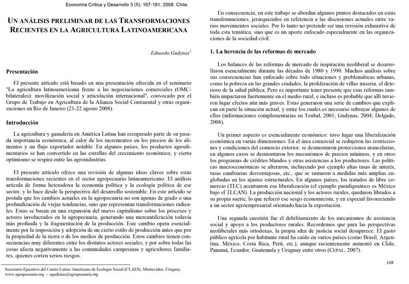 Un análisis preliminar de las transformaciones recientes en la agricultura latinoamericana