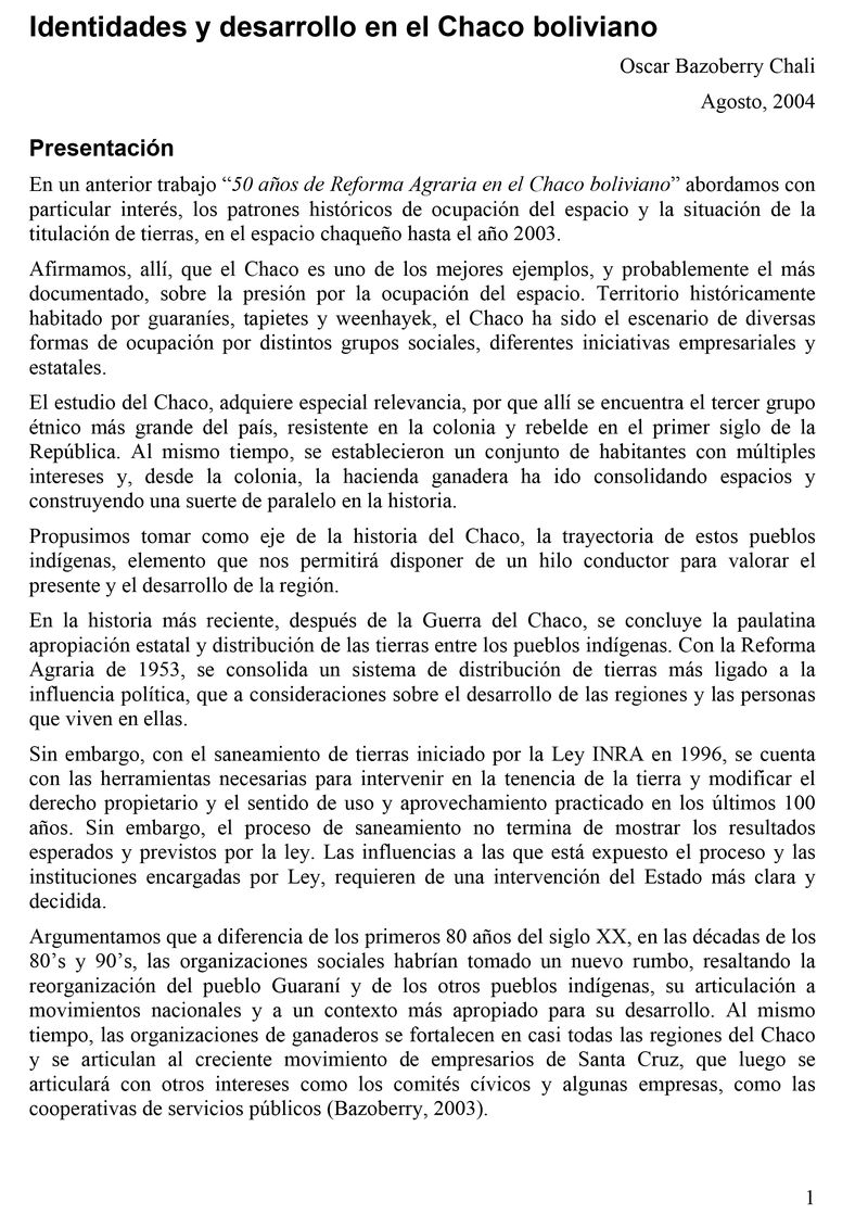 Identidades y desarrollo en el Chaco boliviano