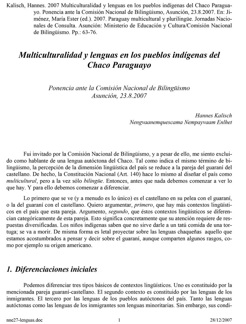 Multiculturalidad y lenguas en los pueblos indígenas del Chaco Paraguayo