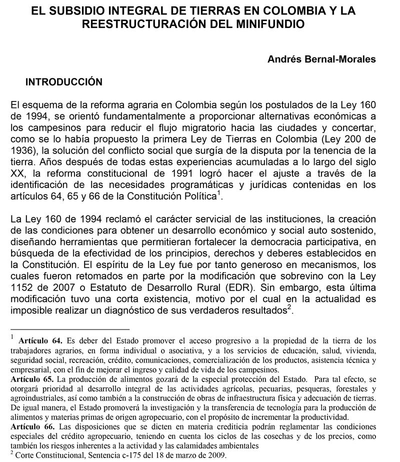 El subsidio integral de tierras en Colombia y la reestructuración del minifundio