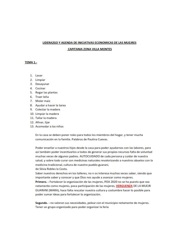 Liderazgo y agenda de iniciativas económicas de las mujeres  Capitanía Cona Villamontes